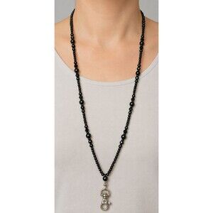 Black Beaded ID Badge Holder Lanyard 32 Inch Magnetic Clasp Swivel Clip